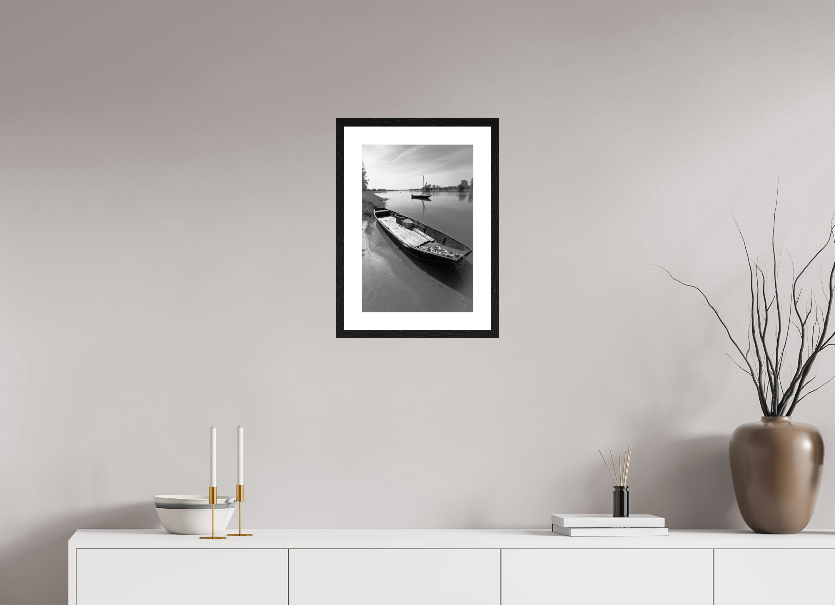 Two Boats, Montjean-sur-Loire, 30 x 45 cm, in a mounted frame
