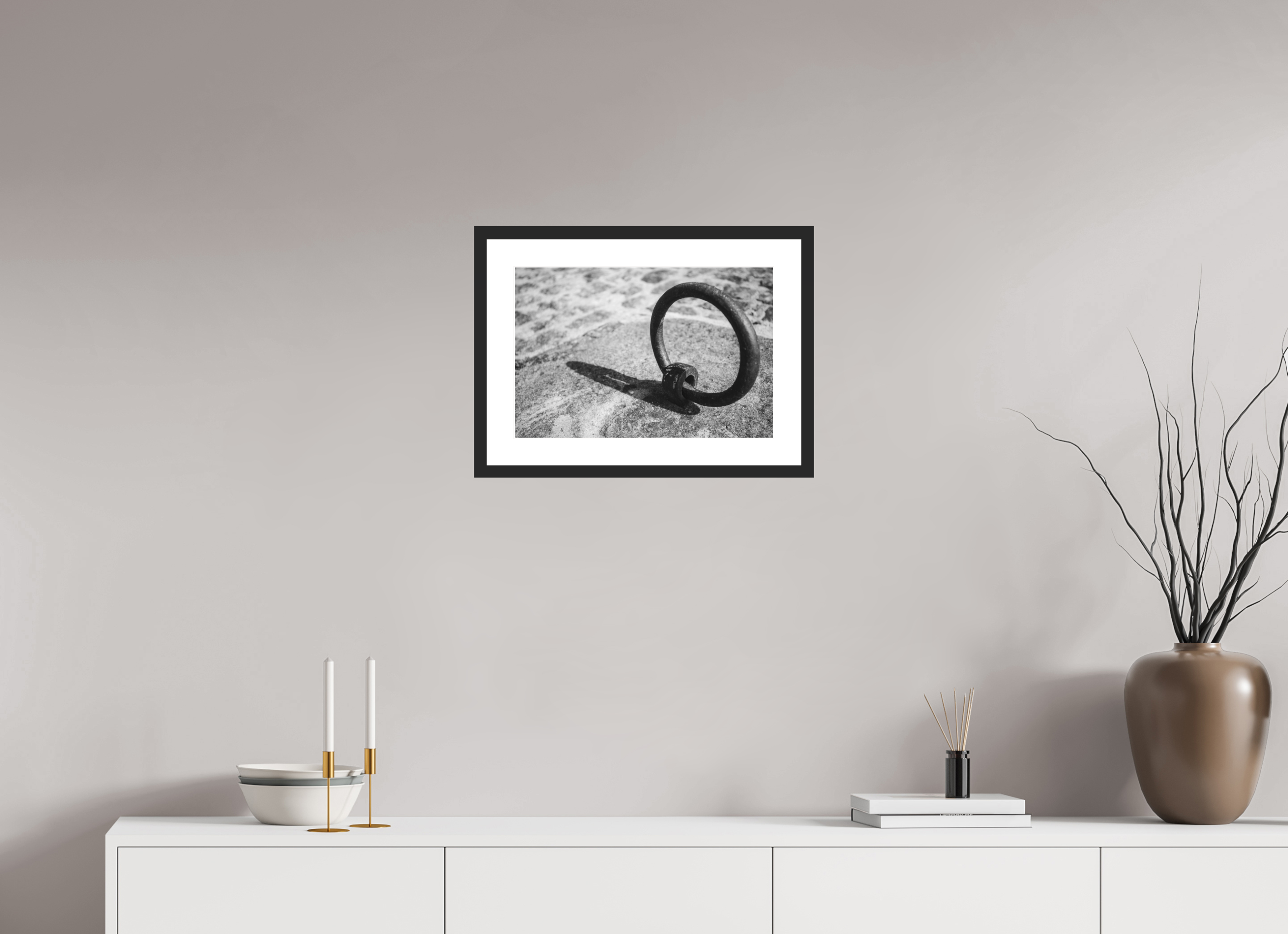 45 x 30 cm, Framed black and white Ilford paper The Mooring Ring, Montjean-sur-Loire