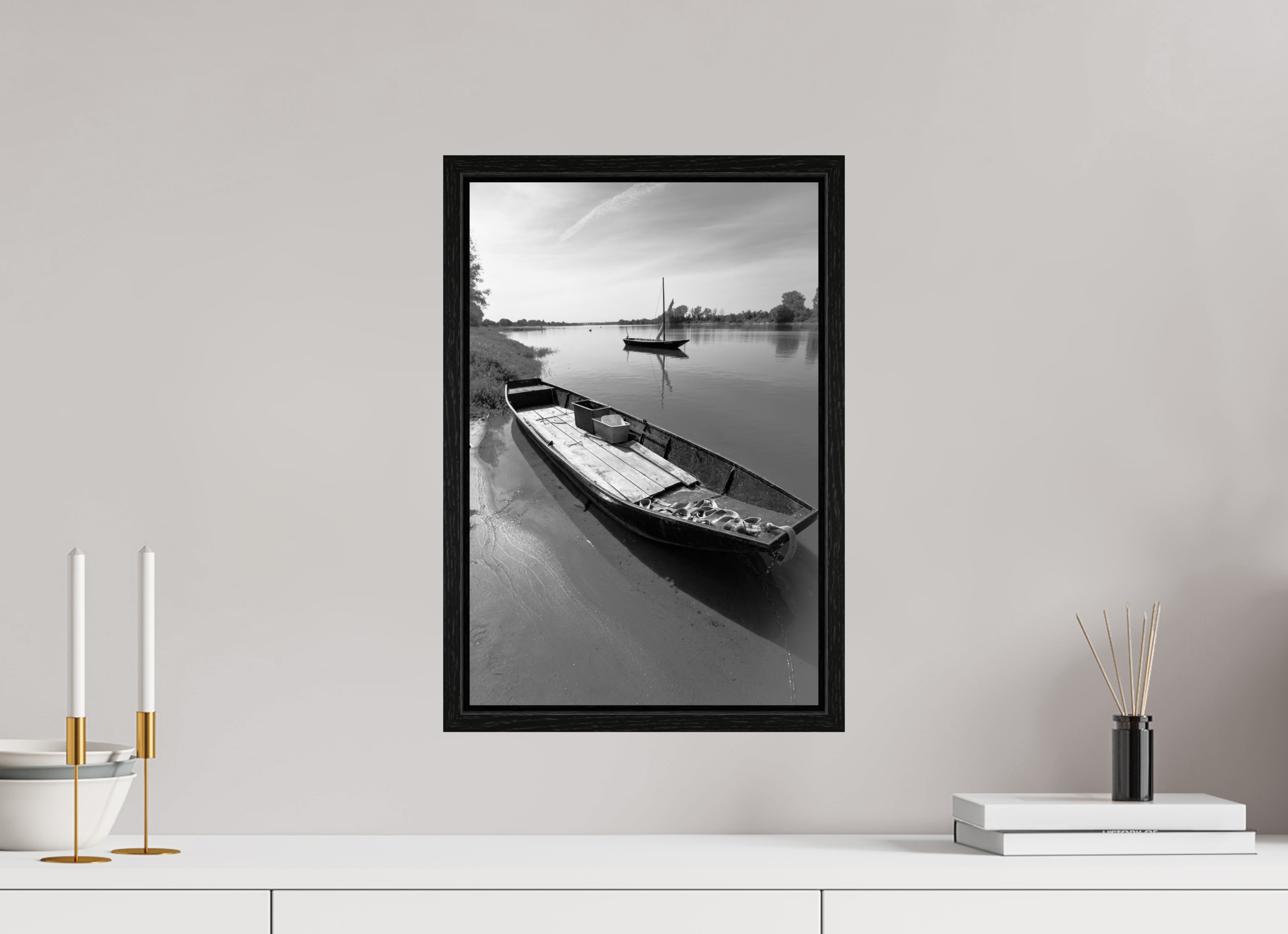 Two Boats, Montjean-sur-Loire, 30 x 45 cm, in a floater frame