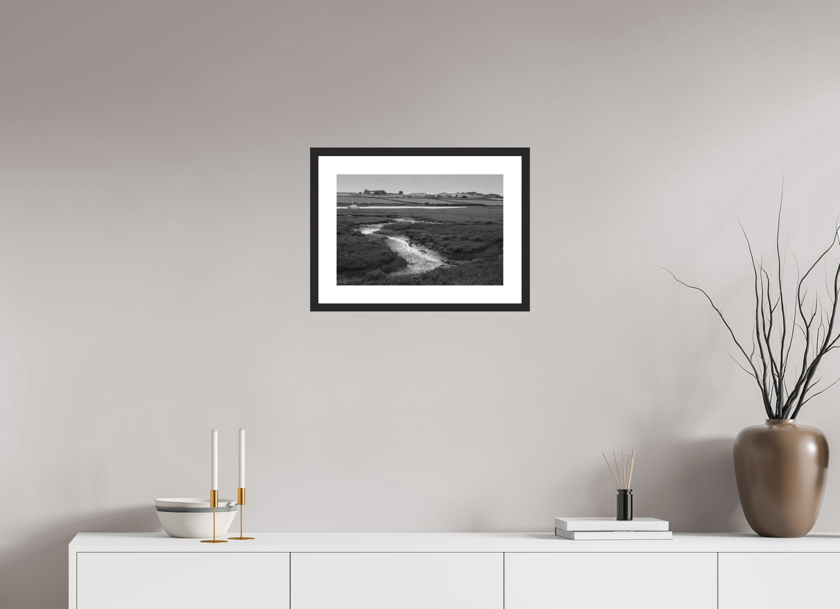 44,5 x 30 cm, Framed black and white Ilford paper The Estuary Creek, Alnmouth