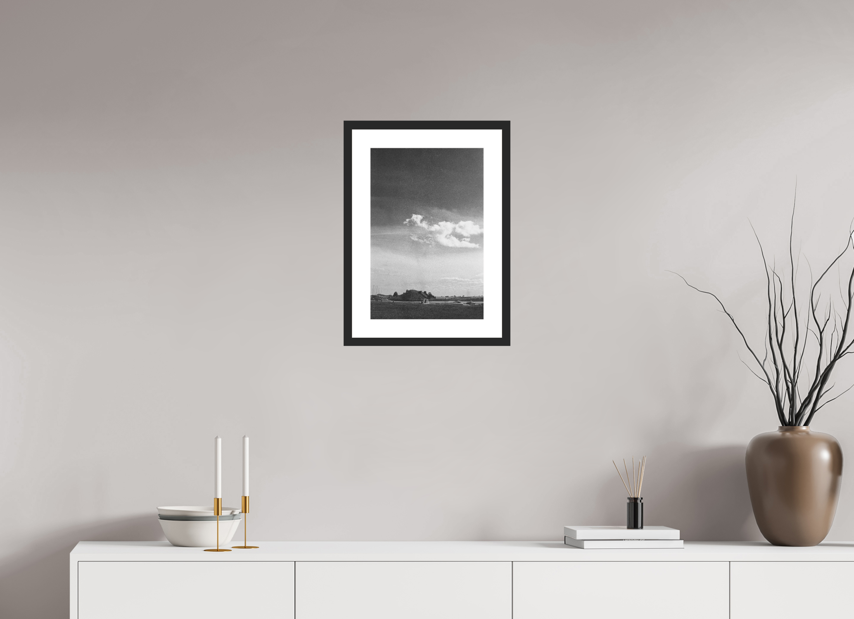 30 x 45 cm, Framed Black and White Photo Paper Baryté Church Hill, Alnmouth