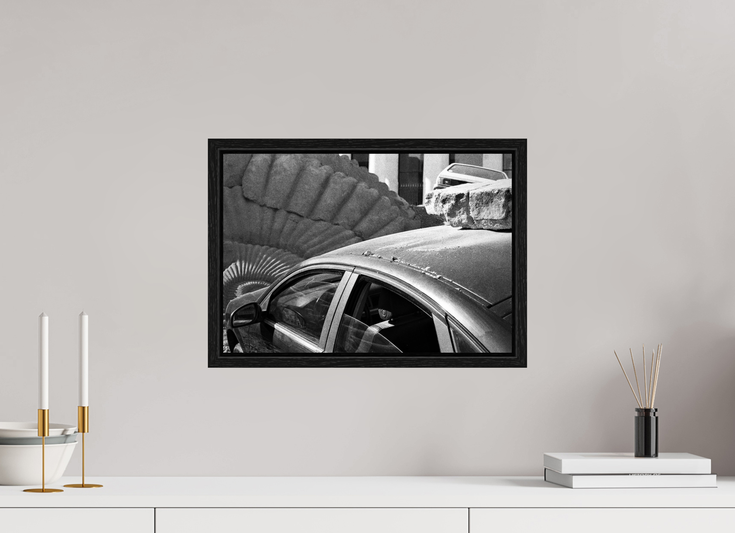 Ammonite and Estate Car, 43,5 x 30 cm, in a floater frame