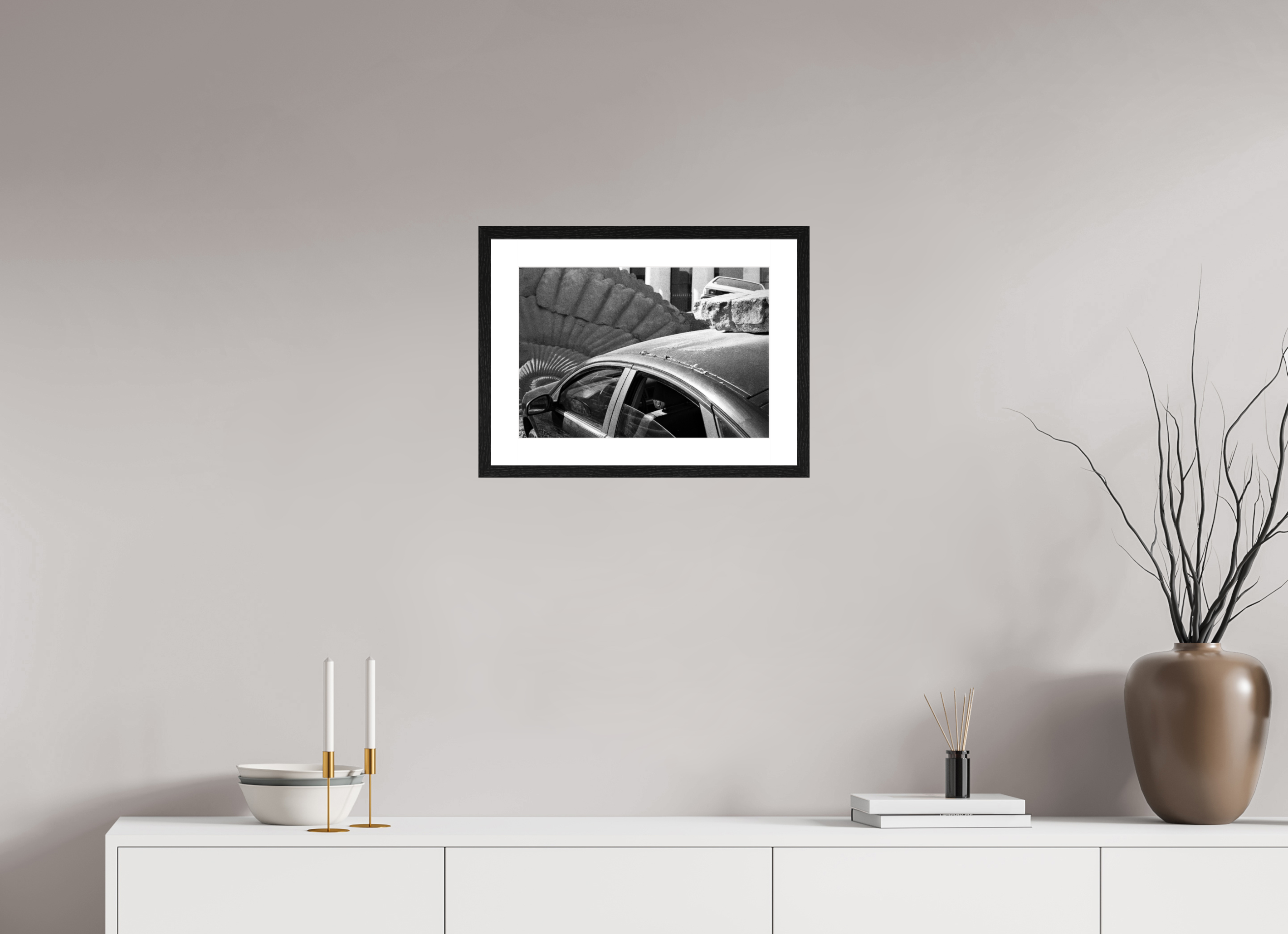 Ammonite and Estate Car, 43,5 x 30 cm, in a mounted frame