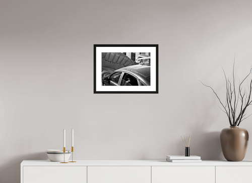 Ammonite and Estate Car, 43,5 x 30 cm, in a mounted frame