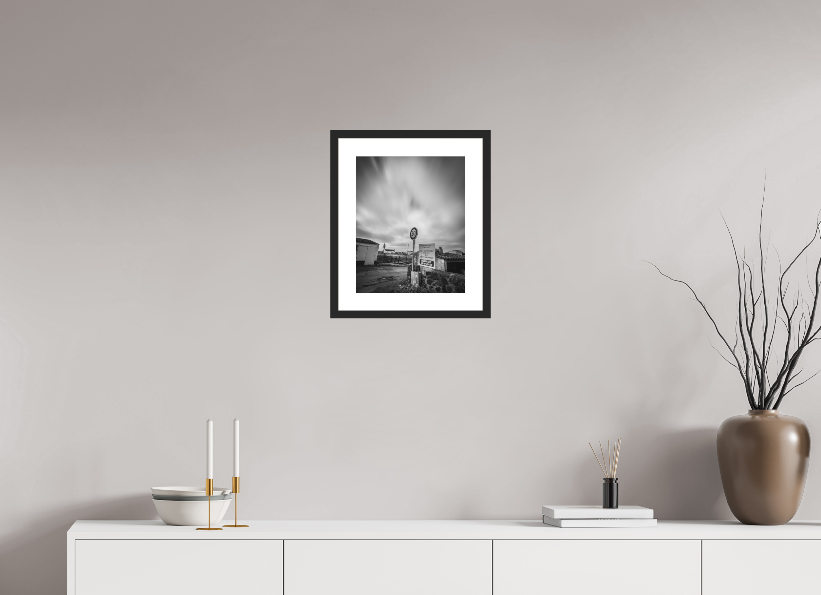 30 x 37,5 cm, Framed Black and White Photo Paper Baryté Coastal Sky, Vendée